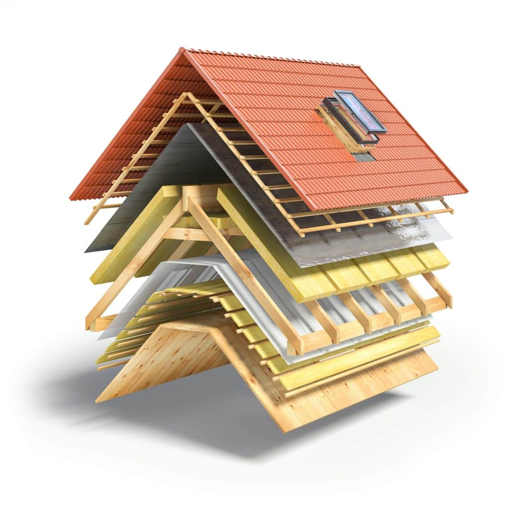 Vue éclatée du toit d'une maison présentant différentes couches, notamment des bardeaux, de l'isolation, des poutres en bois et d'autres matériaux de construction.