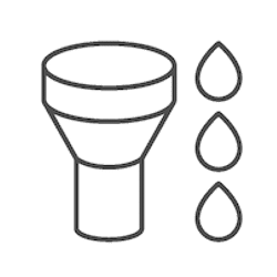Dessin au trait d'un entonnoir avec trois gouttelettes d'eau à côté, symbolisant la filtration ou le transfert de fluide, rappelant la précision d'un projet de Rénovation Lafleur.