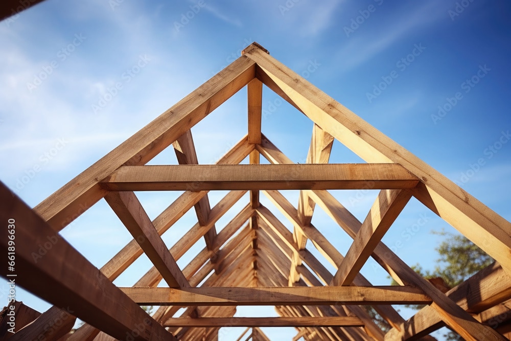 Des fermes de toit en bois forment un motif triangulaire sur un ciel bleu lors de la construction de la charpente à Biars-sur-Cère.
